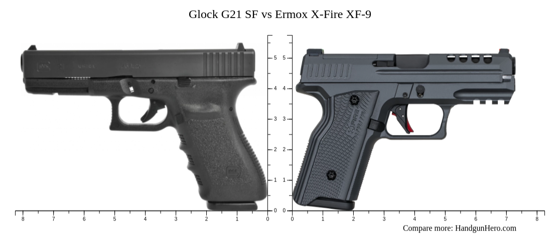 Glock G21 SF vs Ermox X-Fire XF-9 size comparison | Handgun Hero